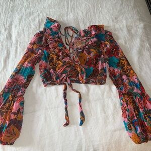 Anthropologie Love The Label Pink Brittany Floral Print Long Sleeve Crop Top